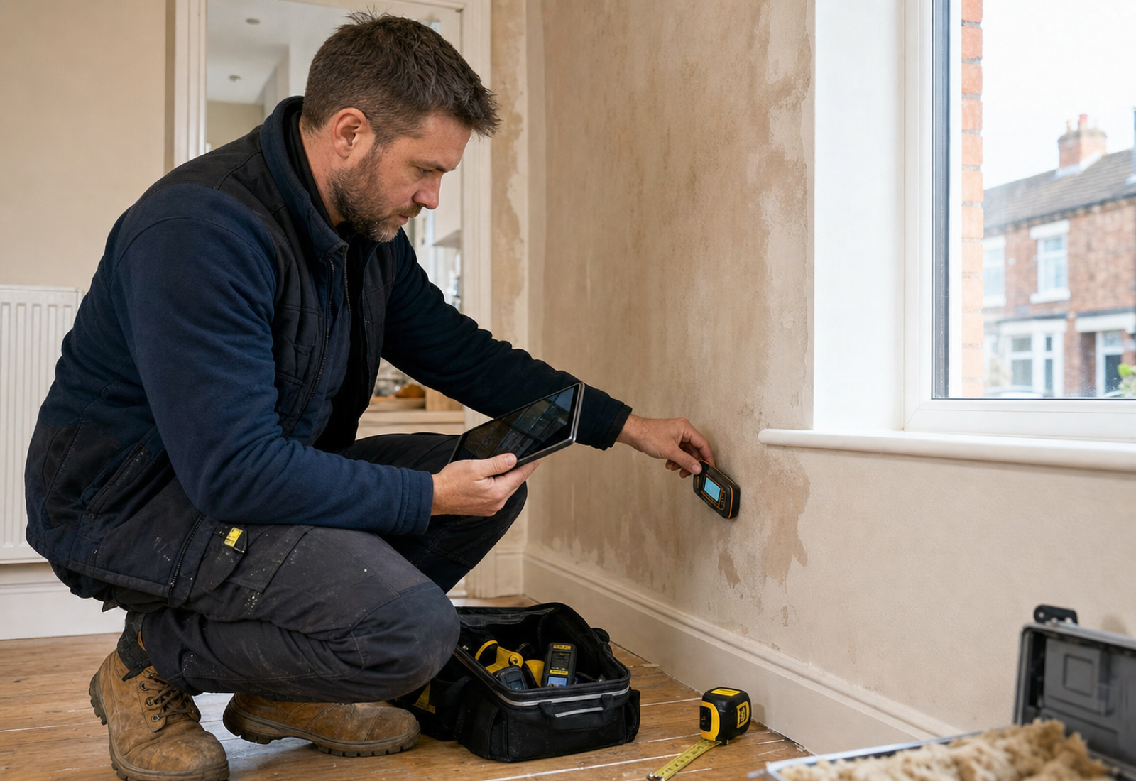 Retrofit assessor inspecting wall condition in a UK home
