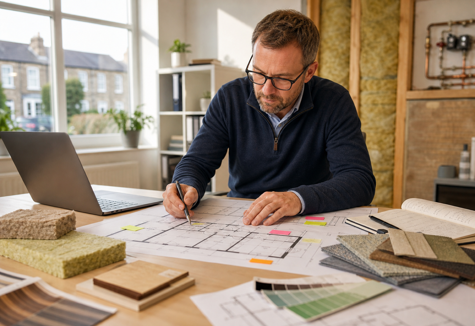 Retrofit coordinator reviewing whole-house plans and material samples