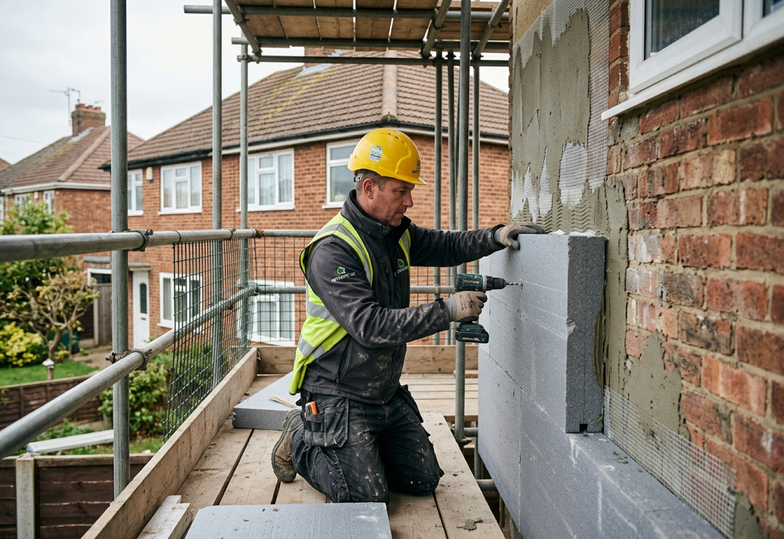 Retrofit installer fitting external wall insulation on a UK home