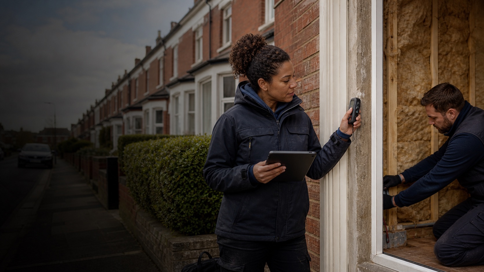 Retrofit assessor and installer checking insulation at a UK terraced home