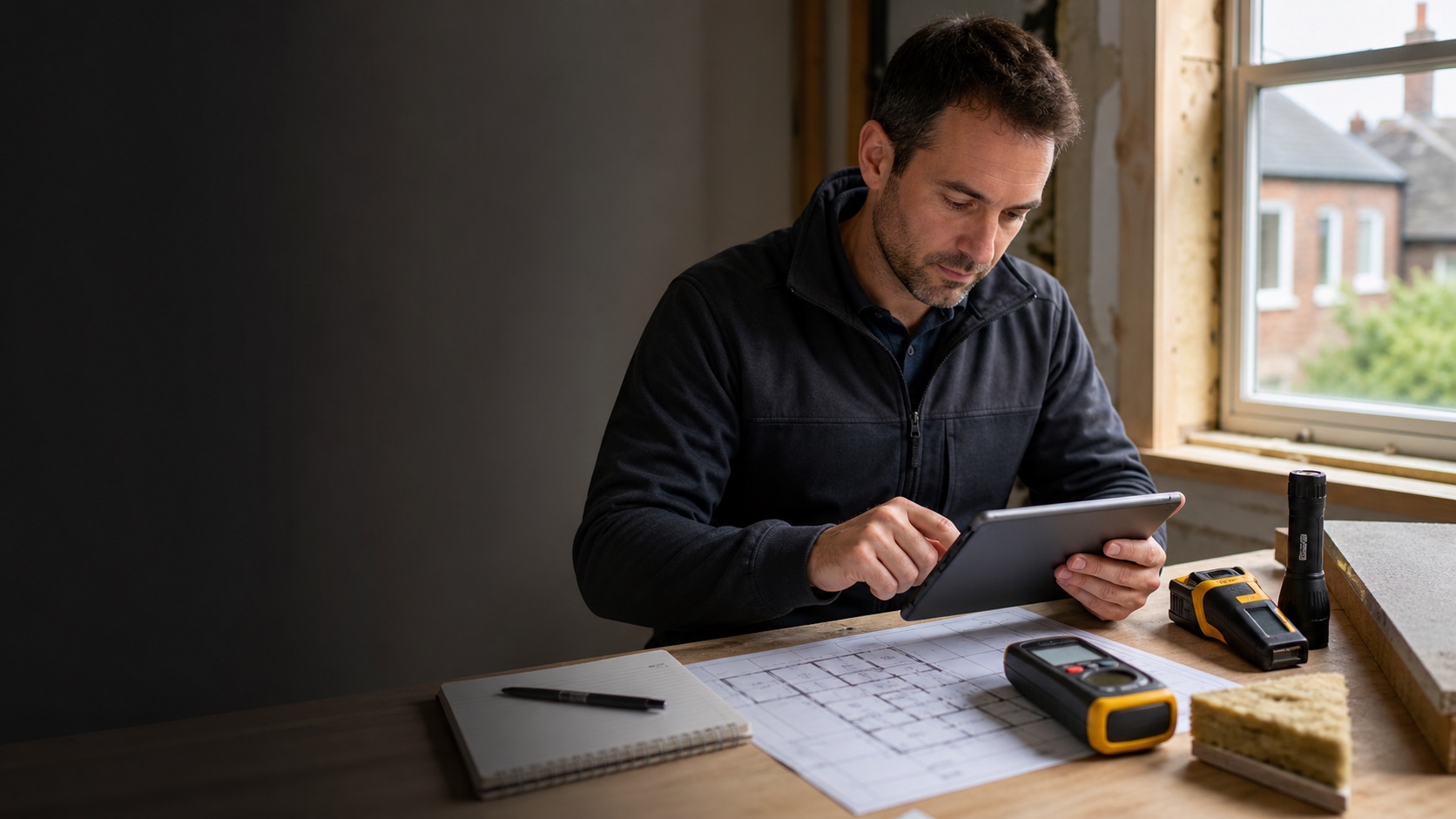 Retrofit professional using an app beside survey tools